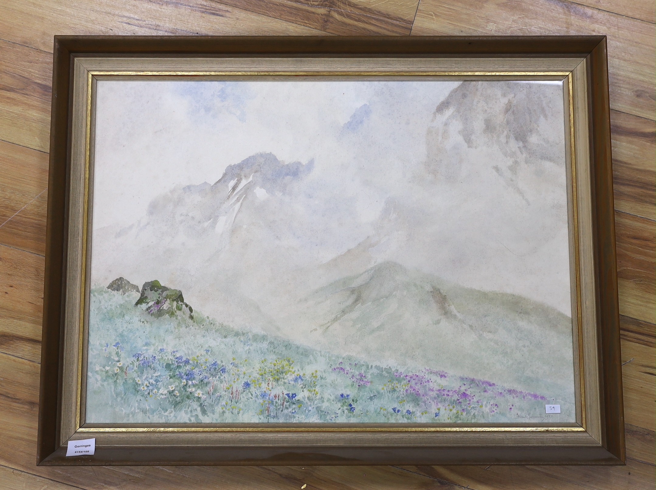 Frank Galsworthy (1863-1959), watercolour, Mountain landscape with spring flowers in the foreground, signed and dated 1987, 54 x 74cm